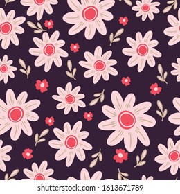 Vector seamless pattern flowers and plants on a blue background made by hand, design element for a holiday, wedding, invitation, print or textile.
