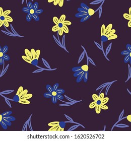 Vector seamless pattern flowers and plants on a blue background made by hand, design element for a holiday, wedding, invitation, print or textile.