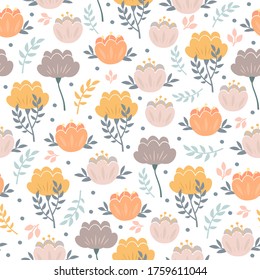 Vector seamless pattern with flowers, and plants. Delicate pastel colors, suitable for textile, packaging, background