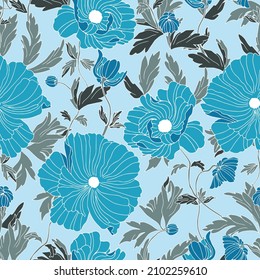 flores de patrón vectorial sin costura de amapolas con hojas. Ilustración botánica para papel de pared, textiles, tela, ropa, papel, postales