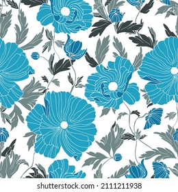 vector seamless pattern flowers of poppies with leaves. Botanical illustration for wallpaper, textile, fabric, clothing, paper, postcards