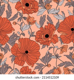 vector seamless pattern flowers of poppies with leaves. Botanical illustration for wallpaper, textile, fabric, clothing, paper, postcards