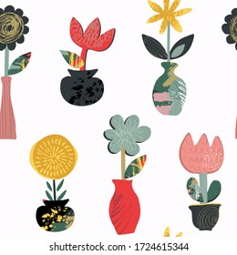 Vector seamless pattern with flowers in pots and hand drawn texture. Trendy abstract design. Colorful endless background