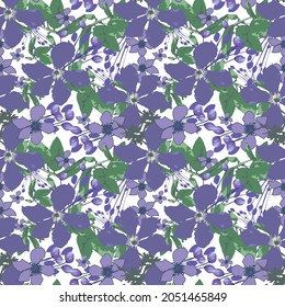 Vector seamless pattern with flowers. Purple flowers with leaves. Young flowers and buds. Purple bloom. Flowers illustration