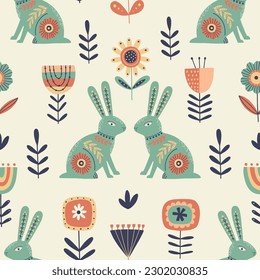 Vector seamless pattern with flowers, rabbits in folklore style. Easter background. Doodle illustrations with stylized decorative floral elements. Good for posters, t shirts, postcards.