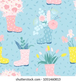 Vector seamless pattern, flowers in rain boots