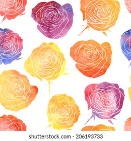 vector seamless pattern with flowers of roses painted by watercolor