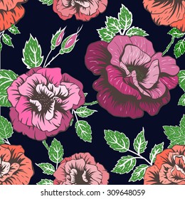 Vector seamless pattern with flowers roses, bright colorful purple flower, drawing hands rose flower, black line
