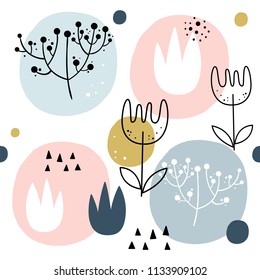 Vector seamless pattern with flowers. Scandinavian style. Cute floral print