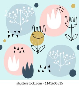 Vector seamless pattern with flowers. Scandinavian style. Cute floral print