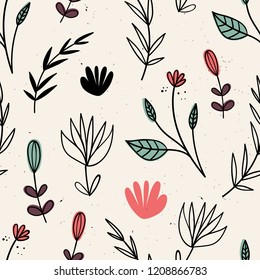Vector seamless pattern with flowers. Scandinavian motives. Hand drawn style. eps 10