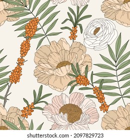 Vector seamless pattern with flowers and sea buckthorn. Hand drawing pattern
