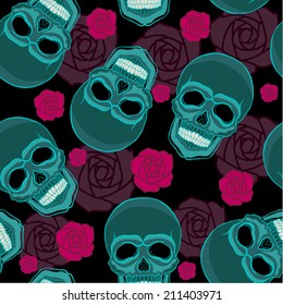 vector seamless pattern with flowers and skulls