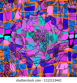 Vector seamless pattern with flowers and stained-glass window. Peony and mosaic, paint stains, splashes, blots. 1