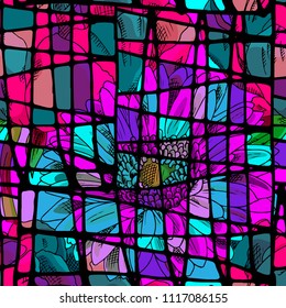 Vector seamless pattern with flowers and stained-glass window. Peony and mosaic, paint stains, splashes, blots. 3