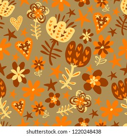 Vector seamless pattern with flowers, stars and hearts. Cute kids design in warm colors. Perfectly for wrapping paper, bed linen, textile, fabric, cover, wallpaper, fashion, kids clothing, Valentines.
