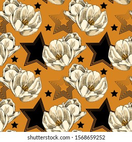 Vector seamless pattern with flowers and stars. Hand drawn illustration of tulips.