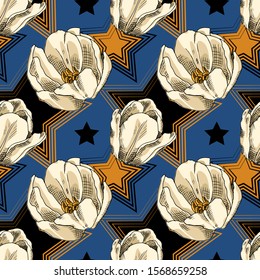 Vector seamless pattern with flowers and stars. Hand drawn illustration of tulips.