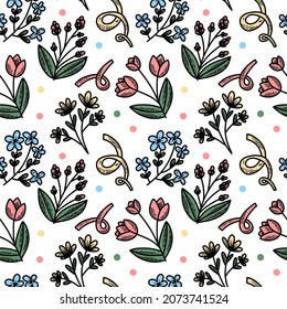 Vector seamless pattern Flowers, stem, leaf, petals, ribbons, hearts Botanical vintage illustration. Bouquet of plants Floral repetitive ornament for background, printing on fabric, paper, wallpaper