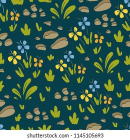 Vector seamless pattern with flowers, stone, grass. Seamless texture can be used for wallpapers, pattern fills, web page backgrounds, surface textures.