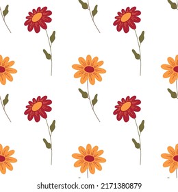 Vector seamless pattern with flowers - stylized chrysanthemums. Illustration in orange, red and green colors.