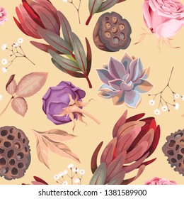 Vector seamless pattern with flowers and succulent