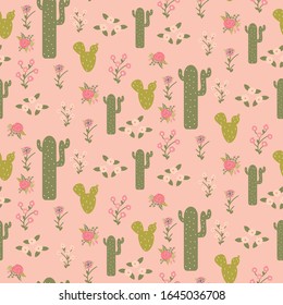 Vector seamless pattern with flowers and succulents. Pink background.