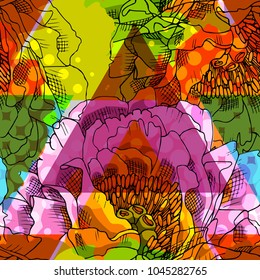 Vector seamless pattern with flowers and transparency triangles. Abstraction, geometric shapes and peonies.