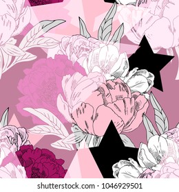 Vector seamless pattern with flowers, triangles and black stars . Abstraction, geometric shapes and peonies. 