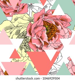 Vector seamless pattern with flowers and triangles . Abstraction, geometric shapes and peonies. 
