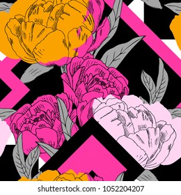 Vector seamless pattern with flowers and triangles . Abstraction, geometric shapes and peonies. 8