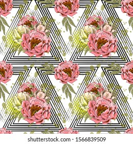 Vector seamless pattern with flowers and triangles. Hand drawn illustration of tulips and peonies.
