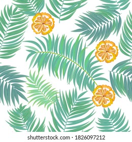 Vector seamless pattern of flowers, tropical jungle leaves of palm tree, floral background.