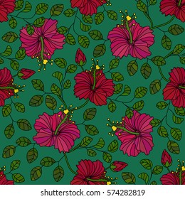 Vector seamless pattern with flowers of tropical hibiscus.