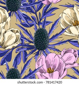 Vector seamless pattern with flowers. Tulip and bur.
