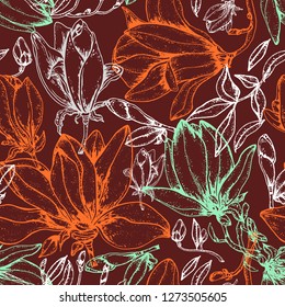 Vector seamless pattern with flowers. Vintage background with blooming roses. Floral wallpaper. White rose silhouette on blue background