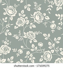 Vector Seamless Pattern With Flowers. Vintage Background With Blooming Roses. Floral Wallpaper. White Rose Silhouette On Blue Background