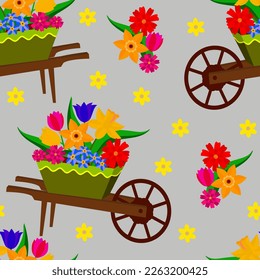 Vector - seamless pattern of flowers in a wheelberrow.