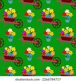 Vector - seamless pattern of flowers in a wheelberrow.