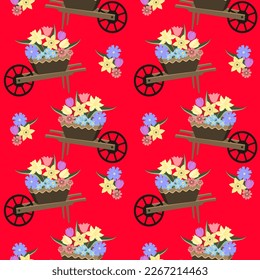 Vector - seamless pattern of flowers in a wheelberrow.