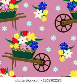 Vector - seamless pattern of flowers in a wheelberrow.