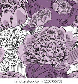 Vector seamless pattern with flowers. White and violet peonies. 