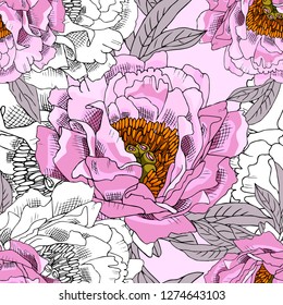 Vector seamless pattern with flowers. White and pink peonies 2