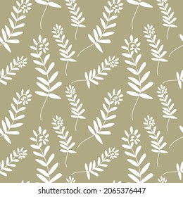Vector seamless pattern with Flowers white line on sage green hand painted background.Summer,floral,botanical print in doodle style.Design for textiles,fabric,wrapping paper,packaging,wallpaper.