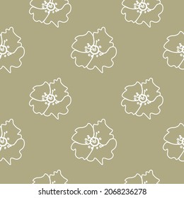 Vector seamless pattern with Flowers white line on sage green hand painted background.Summer,floral,botanical print in doodle style.Design for textiles,fabric,wrapping paper,packaging,wallpaper.