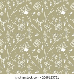 Vector seamless pattern with Flowers white line on sage green hand painted background.Summer,floral,botanical print in doodle style.Design for textiles,fabric,wrapping paper,packaging,wallpaper.