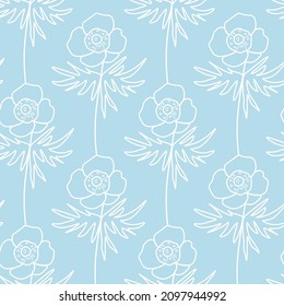 Vector seamless pattern with Flowers white line on blue hand painted background.Summer,floral,botanical print in doodle style.Design for textiles,fabric,wrapping paper,packaging,wallpaper.