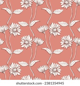 Patrón vectorial sin fisuras con línea blanca Flores sobre fondo rosa pastel de color rojizo. Verano, estampado floral, botánico en forma de doodle.Diseño para textiles, tejidos, envoltura

