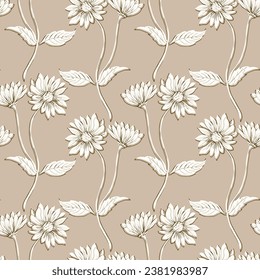 Vector seamless pattern with Flowers white line on beige background. Summer, floral, botanical print in doodle style.Design for textiles,fabric,wrapping


