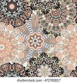 Vector seamless pattern with flowery mandalas print made in oriental style.
